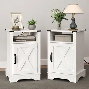 RoyalCraft L Large Nightstand with Charging Station, White End Table with Drawer, Tall Bedside Table with Large Storage Room and Shelf, Wooden Table for Bedroom, Living Room