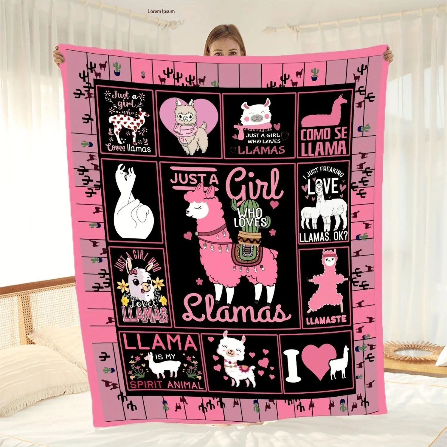 Cartoon Llama Plush Blanket – Cute Pink & Black Design with Fun Phrases, Cozy Flannel Throw for All Seasons, Machine Washable, Perfect Gift for Girls & Animal Lovers