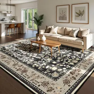 5x7 Washable Non-Slip Area Rug, Vintage Oriental Modern Print Carpet for Living Room, Dining Table, Bedroom - Black Camel Indoor Mat for Kids