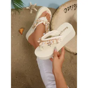 New Sweet Style Women's Wedge Sandals with Toe Post, Trendy Nautical Shell Design and Pearl Chain, Comfortable Waterproof Thong Shoes, Casual Outdoor Sandals(Sheets)