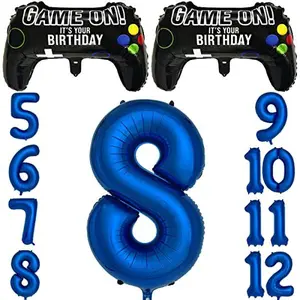 Navy Blue Video Game Party Supplies Boys 5th Birthday Party Decorations- 2 Packs Game On Balloons with Dark Blue Number 8 Balloon