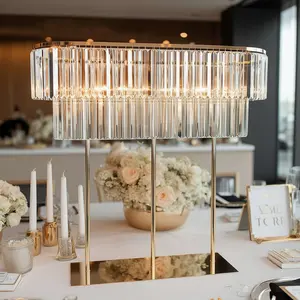 Crystal Pendant 2-Tier Flower Stand 40"x40" – Gold Metal Oval Table Centerpiece Pedestal with Drop Accents