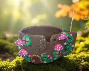 Handmade clay pink purple mushroom toadstool forest yarn bowl / daisy fairy house whimsical yarn bowl crochet knitting accessories tools