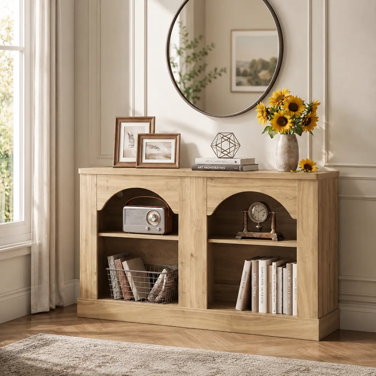 47'' Arched Entryway Table with LED Light, Farmhouse Console Table with Adjustable Shelves, Sofa Table Behind Couch, Sideboard Buffet Storage Cabinet for Entrance/Hallway/Living Rooms Entryway Cabinet