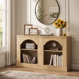 47'' Arched Entryway Table with LED Light, Farmhouse Console Table with Adjustable Shelves, Sofa Table Behind Couch, Sideboard Buffet Storage Cabinet for Entrance/Hallway/Living Rooms Entryway Cabinet