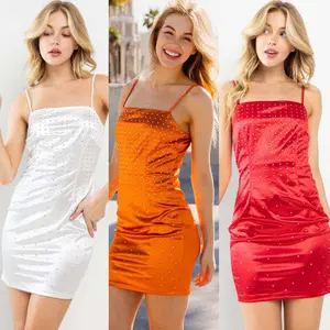 Midnight Sparkle Rhinestone Satin Mini Dress – Sexy Spaghetti Strap Bodycon Party Dress