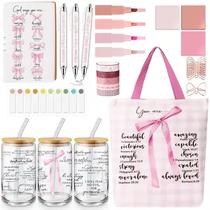29 Pcs Bible Journaling Kit 16 oz Glass Cup Canvas Bag Leather Notebook Highlighters and Pens Sticky Note Tapes Grandparents Gift Bible Study Supplies for Teacher Women Nurse(Bow,Pink)