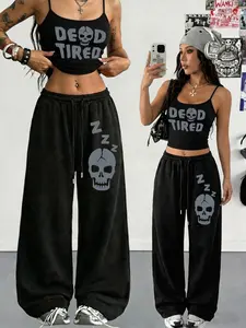 Black "DEAD TIRED" Skull Print 2-Piece Set - Short Top & Drawstring Pants 2026 Trending Y2K Goth Lazy Outfit, Soft Cotton Perfect for Daily & Festivals