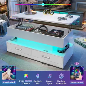 SIKAIC 40" Lift Top Coffee Table with LED Light & Storage Drawers, White Modern Living Room Center Table