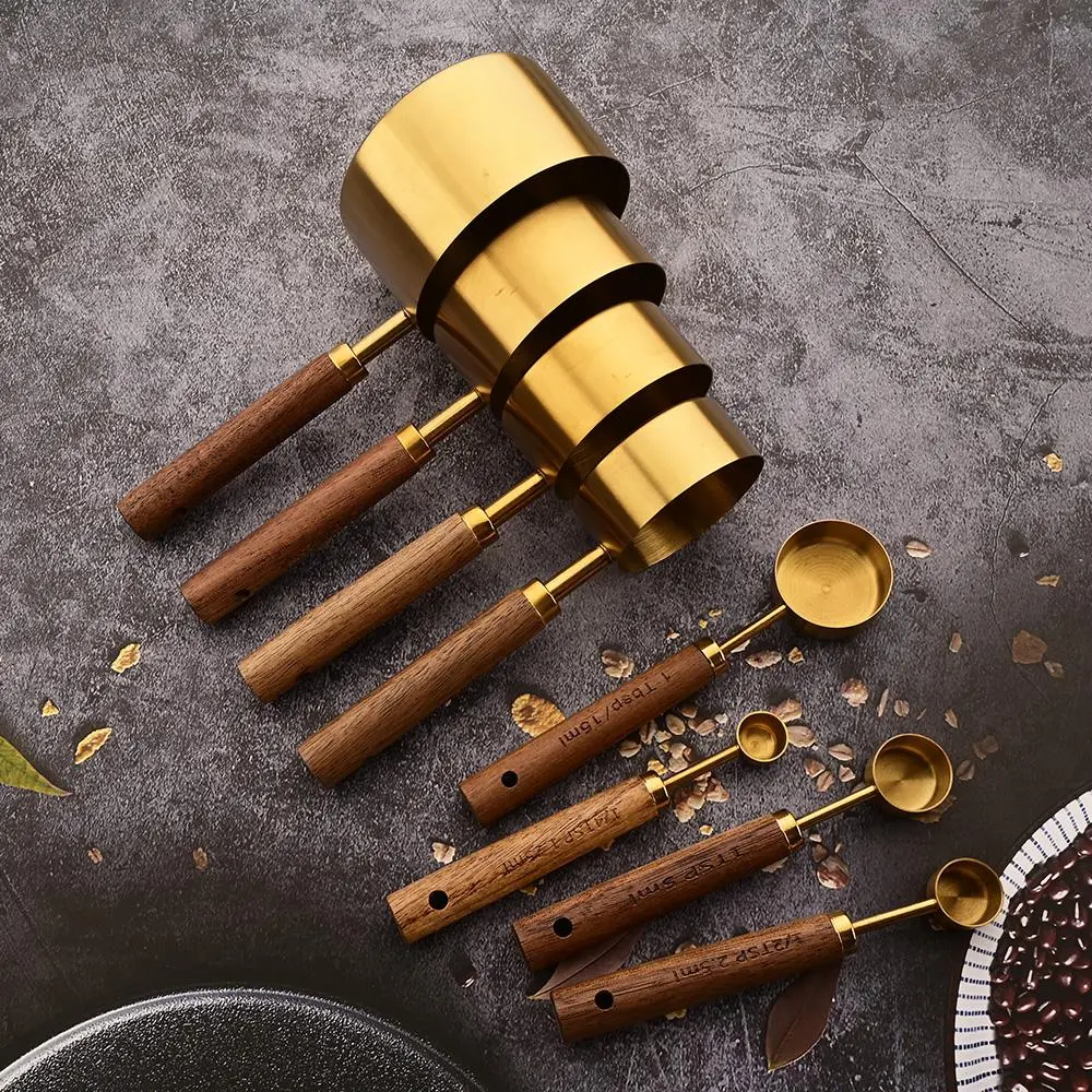 Wooden Handle Stainless Steel Measuring Cup, 1/4/8 Counts Coffee Measuring Spoon, Baking Tool, Coffee Making Tool, Coffee Equipment, Espresso Tools, Kitchen Utensils & Gadgets