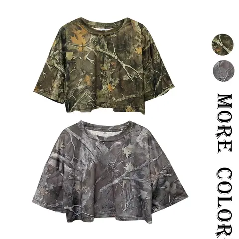 Women's Camo Tree Branch & Letter Print Tee, Casual Round Neck Short Sleeve Top, Ladies Summer Clothes, Basic