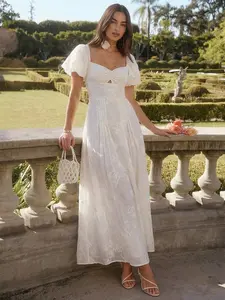 Spring/Summer Romantic Women's Apricot Floral Embroidery Sweetheart Neckline Short Puff Sleeve Pleated Maxi Dress,Sweet&Elegant For Vacation&Date&Holiday&Birthday&Party&Graduation&Wedding Guest&Office&Going Out&Halloween&Christmas,Autumn Dresses For Women