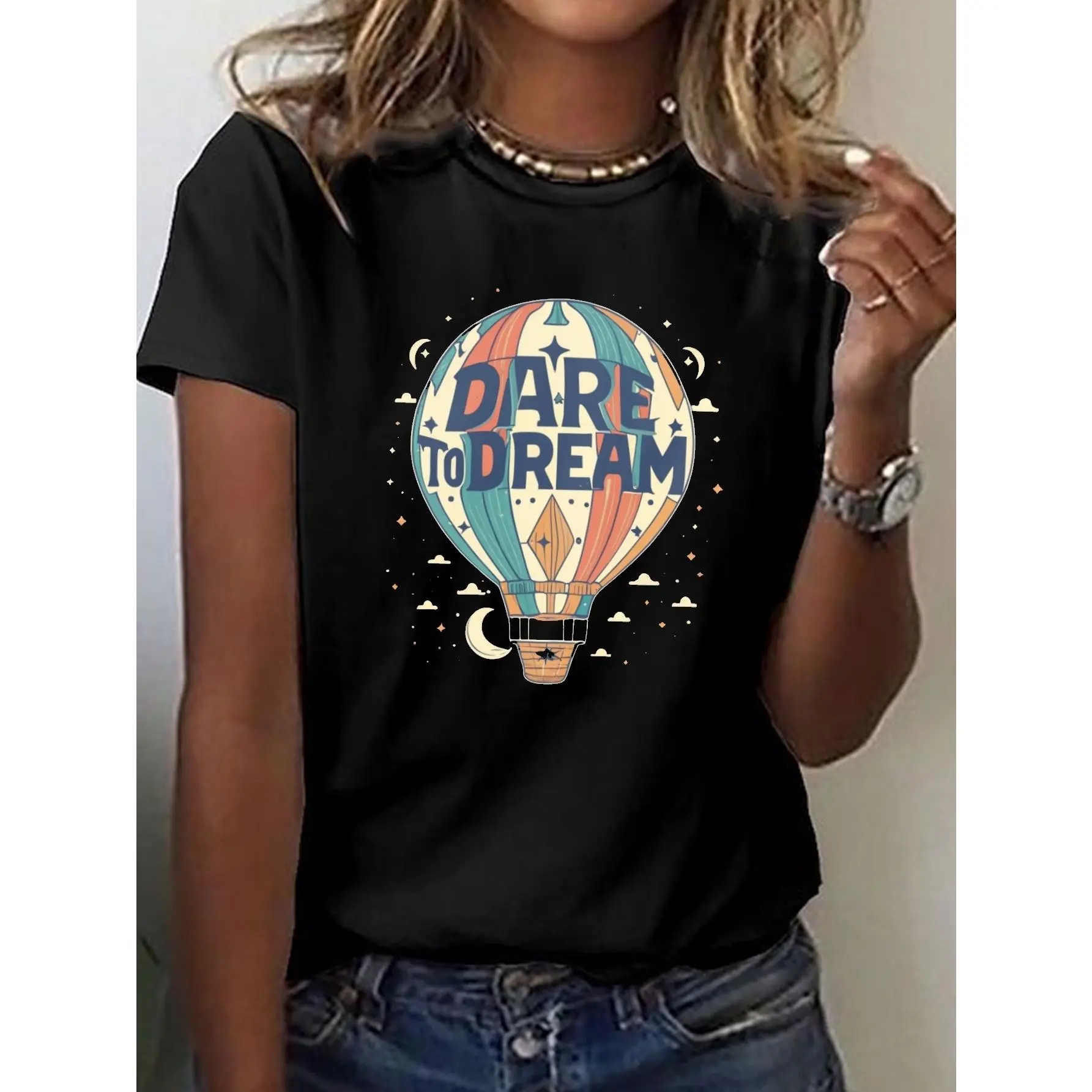 Women's Hot Air Balloon T-Shirt, a Casual Geometric Print Short Sleeve Top in Soft Polyester, an Essential for Everyday Streetwear, Shortsleeve, Style, Tee, Simple