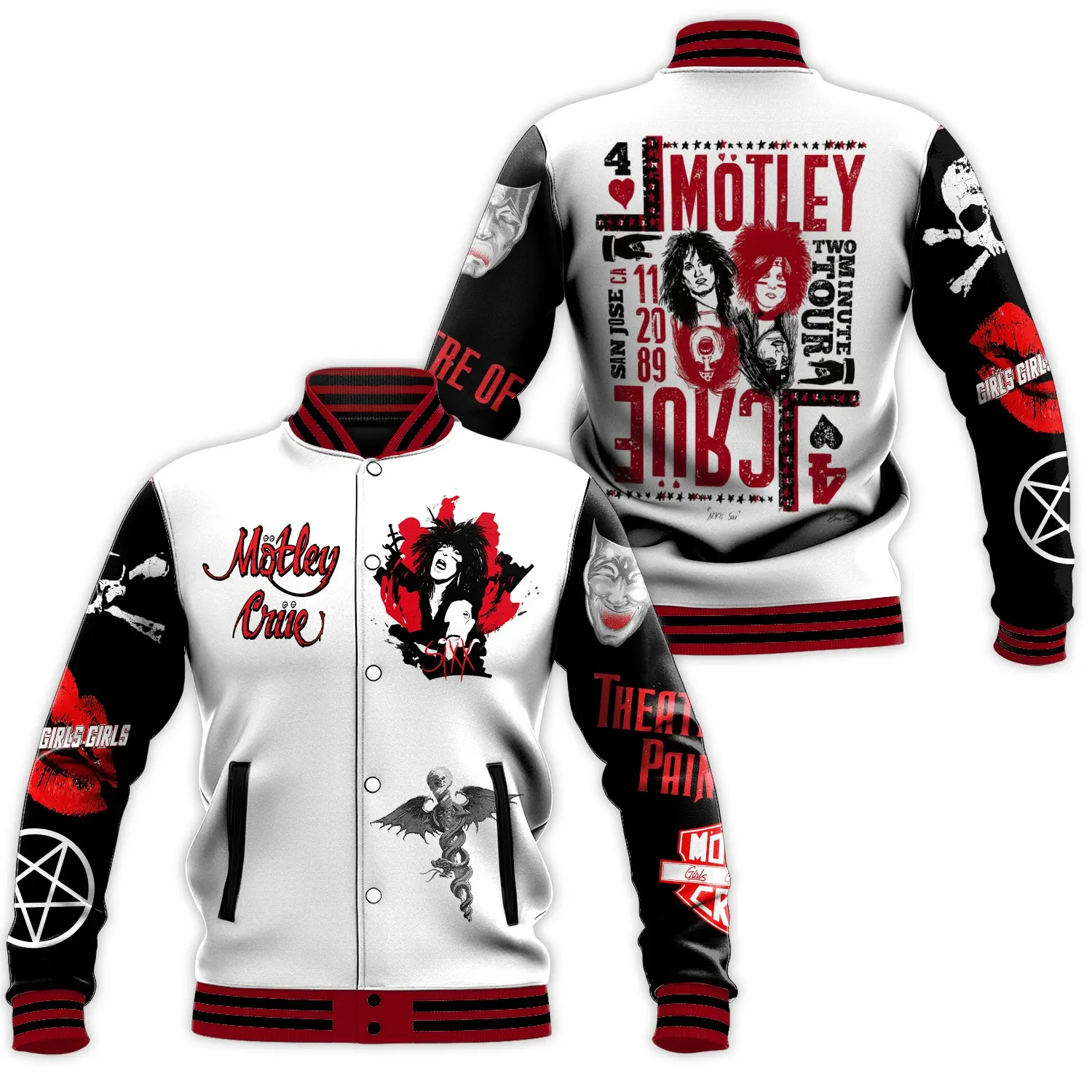 Glam Metal Band Motley Crue Playing Card Graphic Varsity Jacket Winged Snake Dagger Print Loose Fitting Casual Sports Coat For Fall Winter Spring Rocker Concert Fan Outfits Apparel