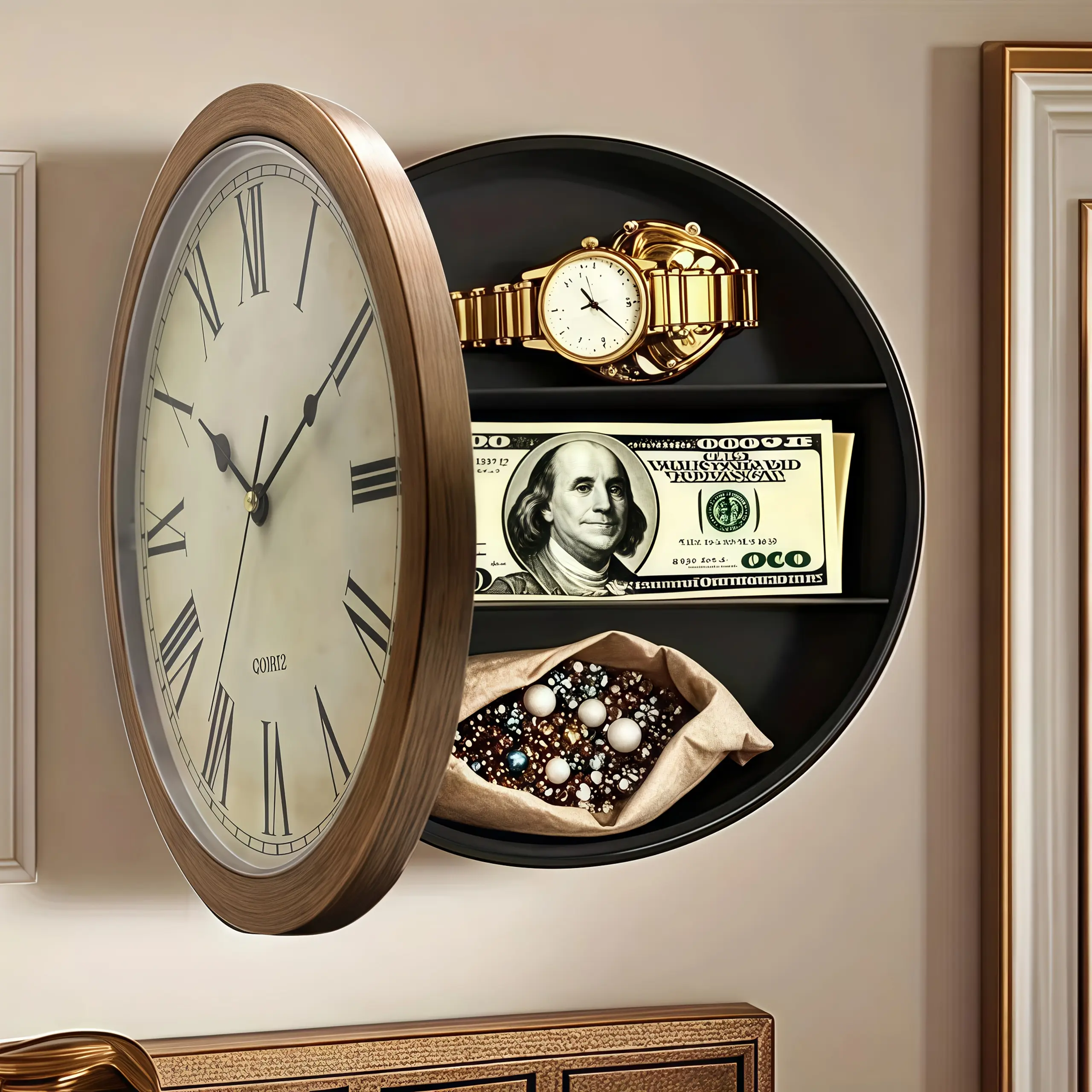 This 10-inch concealed safe wall clock features a hidden coin safe ...