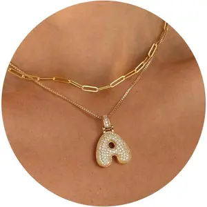 Bubble Letter Necklace Gold for Women -  Initial Necklace CZ Bubble Initial Necklaces for Women Gold Layered Bubble Necklace for Women Teen Girls Jewelry Gifts
