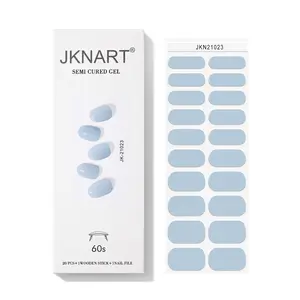 20pcs Semi-Cured Nail Polish Strips, UV Gel Nail Stickers, Full Cover Soft Gel Nail Patch, Light Blue Glossy Nail Art Stickers
