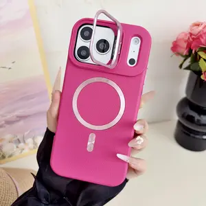 Luxurious leather texture hardware stand magnetic phone case suitable for iPhone17 16 15 14 13ProMax magnetic phone case military anti-fall compatible with MagSafe