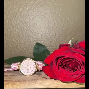 Saint Ben Pink Rope Bracelet with Gold Cross Charm and Red Rose Accents for Women