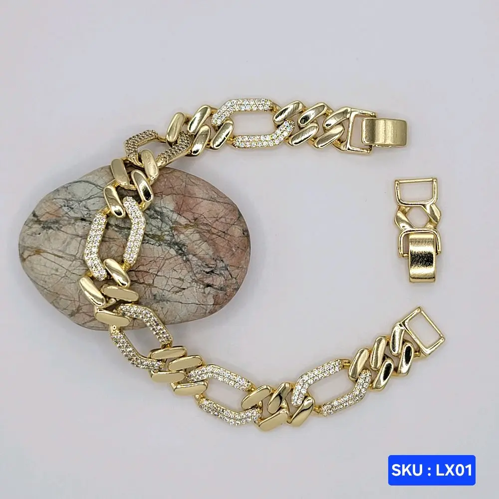 Beautiful Bracelet with Clear Stone Double  lock  Extender 6.5 To 7.5 Inches Bracelet 10mm wide Laminated Gold Jewelry for Women Elegant Fashion Accessory. SKU : LX01