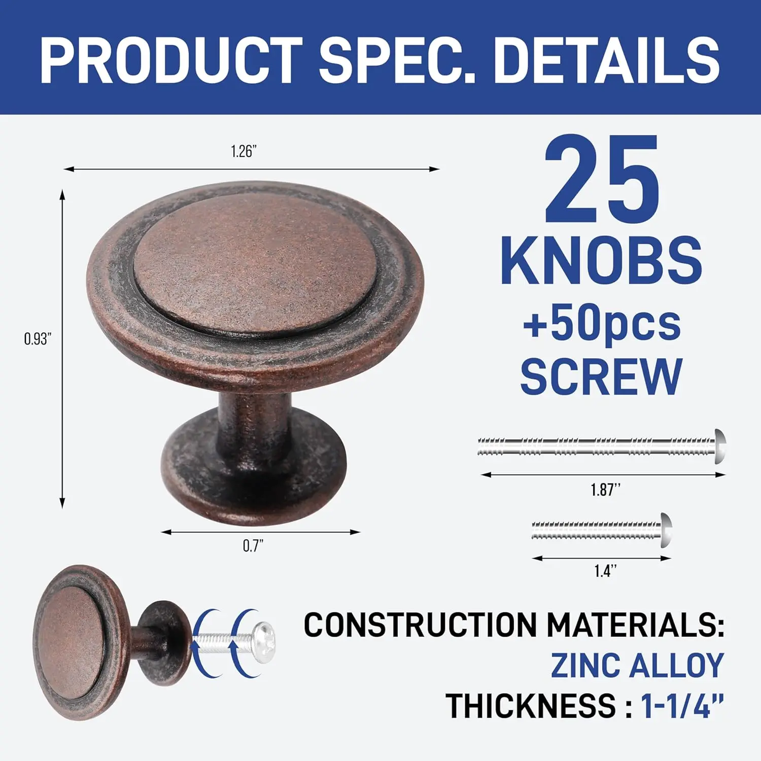 25pcs 1-1/4 inch Cabinet Knobs - Modern Design, Strong Zinc Alloy Construction, Complete with Short and Adjustable Screws for Drawer Dresser Handles