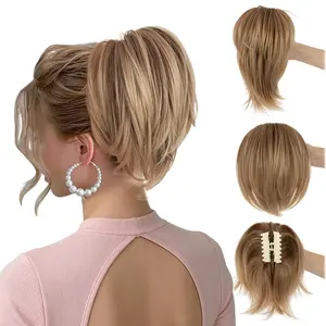 Balayage Messy Bun Hair Piece Claw Clip In Straight Hair Bun Short Ponytail Extension With Bendable Metal Wire Bun Hair Piece Wig With Messy Straight Hair For Women DIY Styles Fake Hair Bun Multi-layered Pony Tail - Highlight Black Brown Blonde