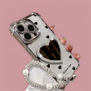 Women's Heart-Shaped Mirror & Bracelet Silicone Phone Case, Thick Shockproof Premium Light Luxury Electroplated Cover with Pearl Rhinestone Accents, for iPhone 13/14/15/16 Pro/17 Pro Max, Outdoor Handheld Accessory