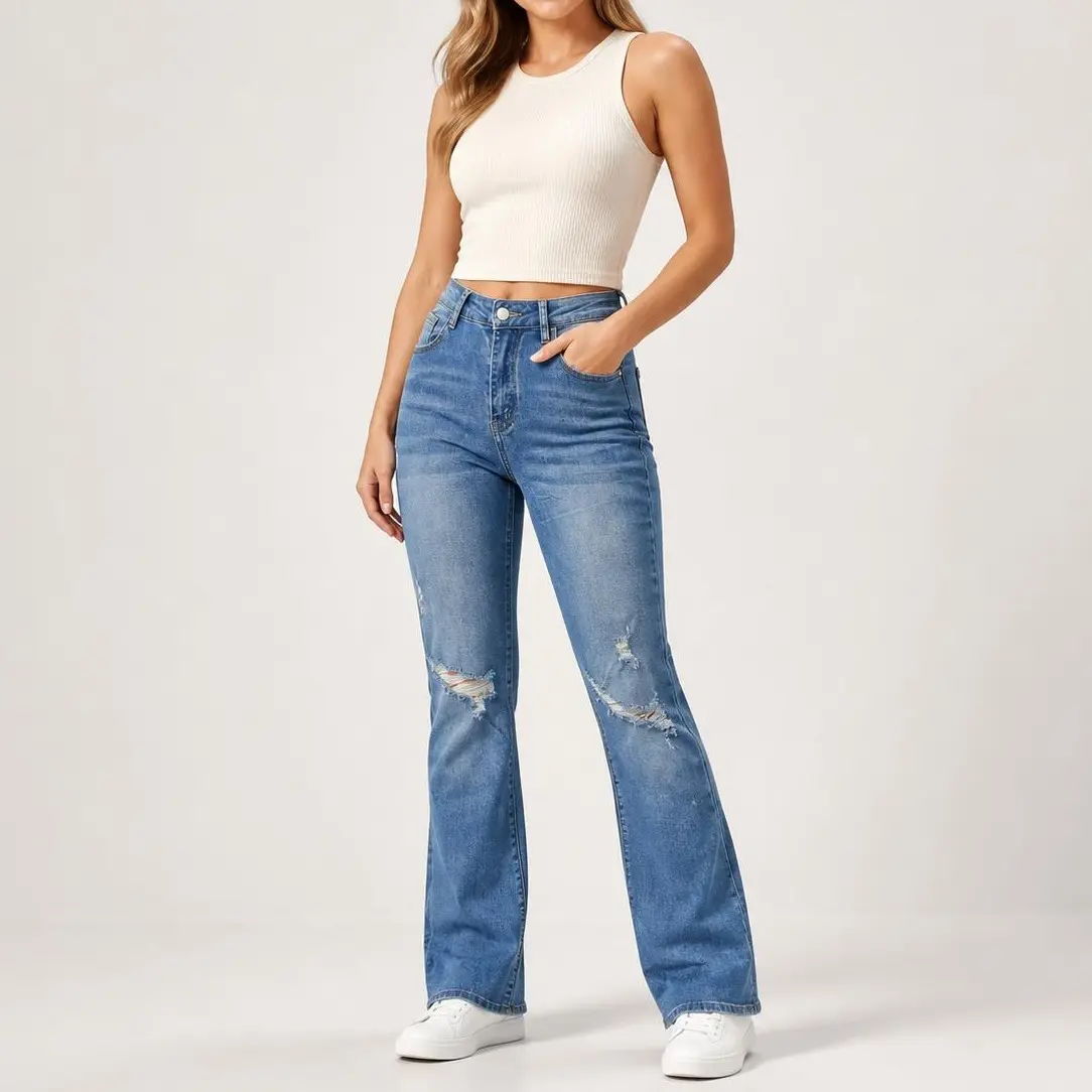 Women's Stretch Ripped Jeans, Light-Wash Denim Pants with Distressed Knees