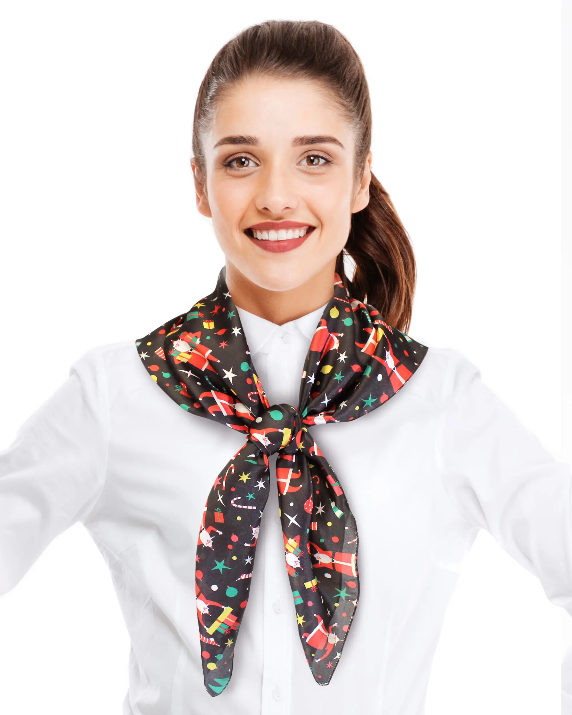 CBC Crown Women's Festive Santa Print Scarf, Lightweight Silk-Feel Polyester Square Accessory for Christmas, 35" x 35", Female, Basic, Santa Claus, Festive Print, Jolly Santa