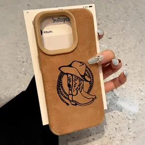 Simple Sketch Cowboy Boots Pattern Luxury Matte Lambskin Faux Leather Phone Case for iPhone 16 15 14 Pro Max 13 12 11 XR XS Plus Shockproof Non Slip Military-Grade Protection Silicone Cover