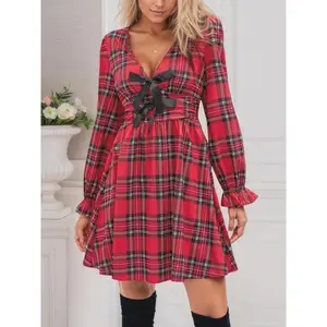 Women's Christmas plaid dress, V-neck elegant and sexy, suitable for daily wear in autumn and winter, is the perfect choice for women's vacations