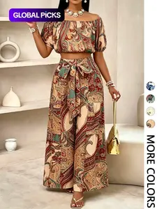 Women's Summer Paisley Print Vintage Vacation Two-Piece Set, Off-Shoulder Bubble Sleeve Crop Top + High Waist Drawstring Wide Leg Pants