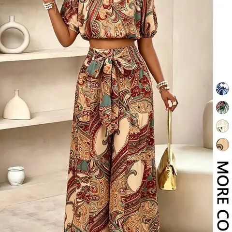 Women's Summer Paisley Print Bohemian Boho Vintage Chic Vacation Two-Piece Outfit, Two Pieces Outfits, Off-Shoulder Bubble Sleeve Crop Top + High Waist Adjustable Drawstring Wide Leg Pants