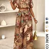 Women's Summer Paisley Print Bohemian Boho Vintage Chic Vacation Two-Piece Outfit, Two Pieces Outfits, Off-Shoulder Bubble Sleeve Crop Top + High Waist Adjustable Drawstring Wide Leg Pants
