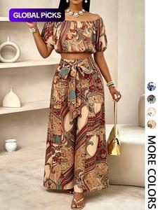 Women's Summer Paisley Print Vintage Vacation Two-Piece Matching Set, Off-Shoulder Bubble Sleeve Crop Top + High Waist Drawstring Wide Leg Pants