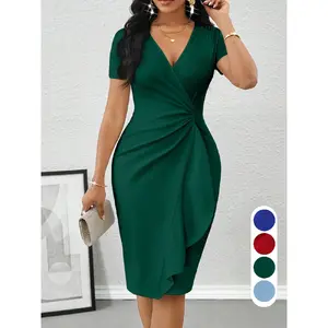 Spring Summer Feminine Elegance Chic Bodycon Party Dress, Womenswear, V Neck Ruffle Wrap Knee-Length Dress, Waist-Cinching Ruched Slim Design, Elegant Formal Dress for Evening Events
