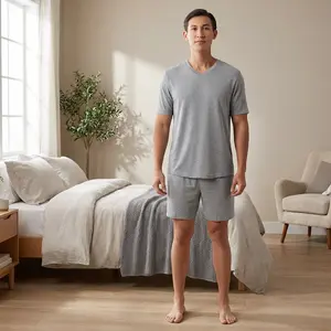 Men's 360 Stretch Short Sleeve V-Neck Top and Short Sleep Pajama Set - Comfortable Breathable Cotton Blend Sleepwear Perfect for Nightwear Lounging Homewear Relaxation Soft Fabric Two-Piece Pajama Set for Men