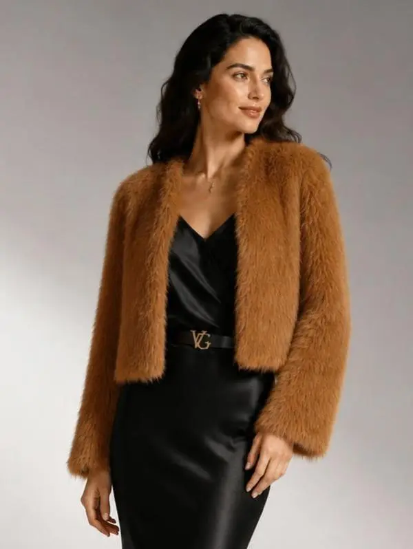 Women Luxury Fuzzy Faux Fur Cropped Jacket Open Front Stand Collar Short Coat Elegant Evening Party Outerwear