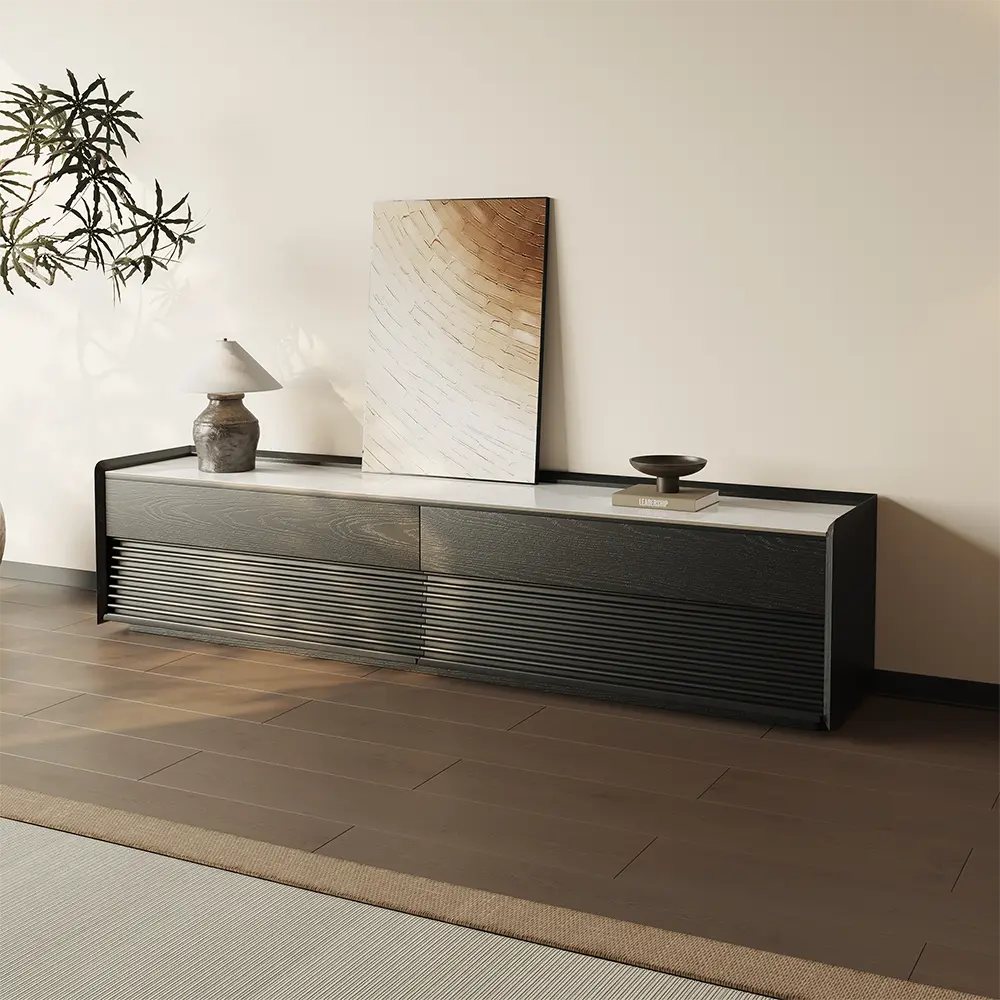 78.74" Mid-Century Glossy Sintered Stone Tabletop TV Stand, Modern Entertainment Center, Black Cabinet with Adjustable Light, Fully-Assembled, Perfect for 75-inch TVs