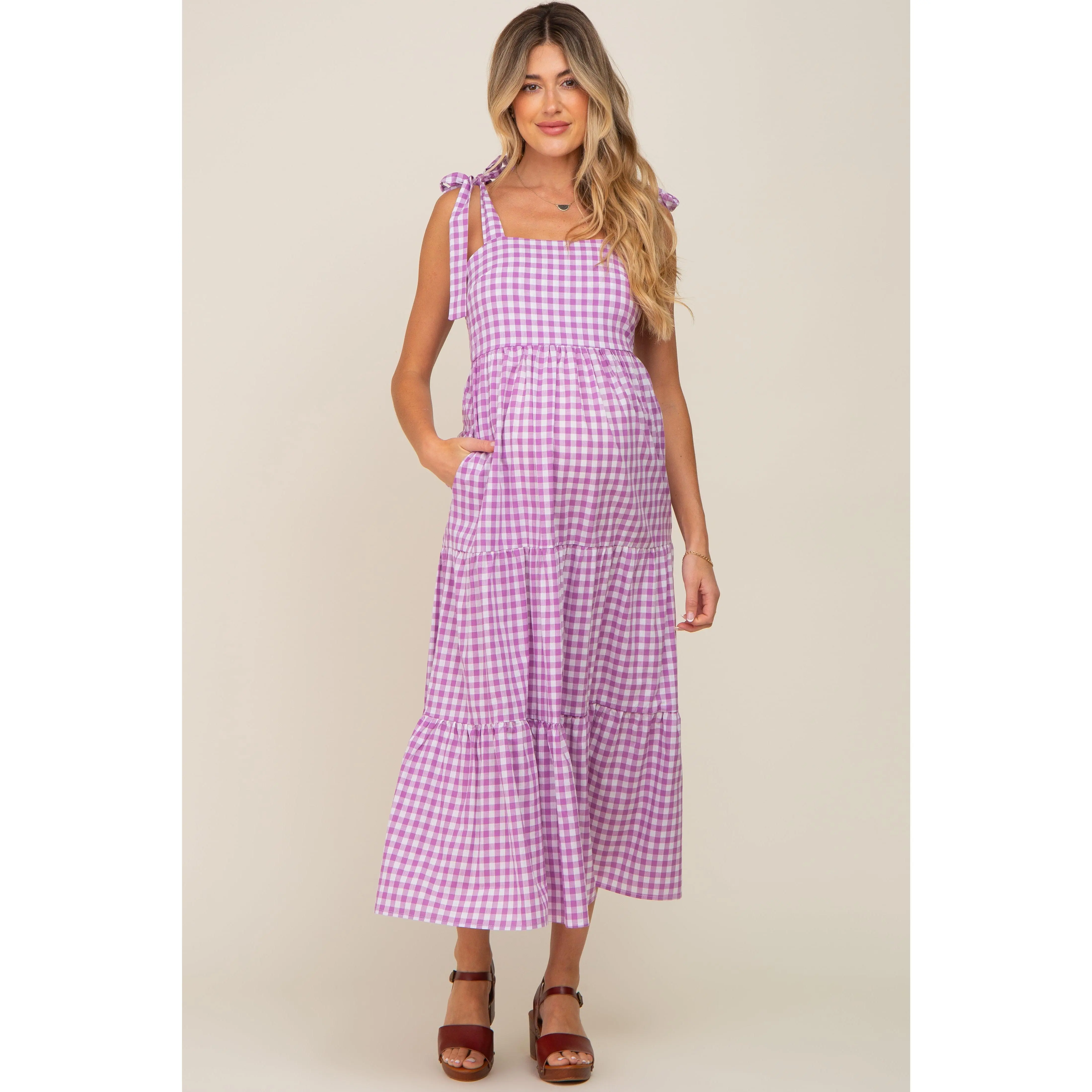 Maternity Sleeveless Tiered Maxi Dress, Lavender Checkered with Square Neck, Side Pockets & Self-Tie Straps, Pregnancy Clothes, Maternity Wear, Maxi Dress Maternity Clothing & Accessories