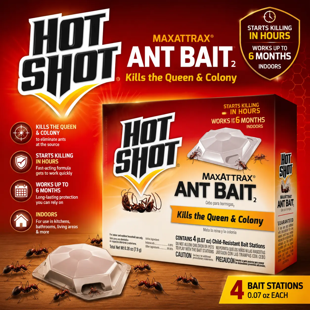 Hot Shot MaxAttrax Ant Bait Stations - 0.07 oz, 4 Count, 1 Pack, Indoor Home Pest Control Solution