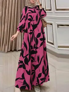 Women's All-Over Print Button Front Kaftan Dress, Casual Bishop Sleeve Round Neck Maxi Dress for Fall & Winter, Women's Islamic Clothing for Daily Wear, Modest Muslim Clothing