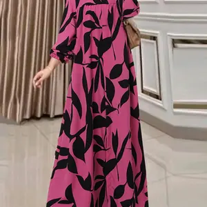 Women's All-Over Print Button Front Boho Casual Kaftan Dress, Casual Bishop Sleeve Round Neck Maxi Dress for Fall & Winter, Women's Islamic Clothing for Daily Wear, Modest Muslim Clothing
