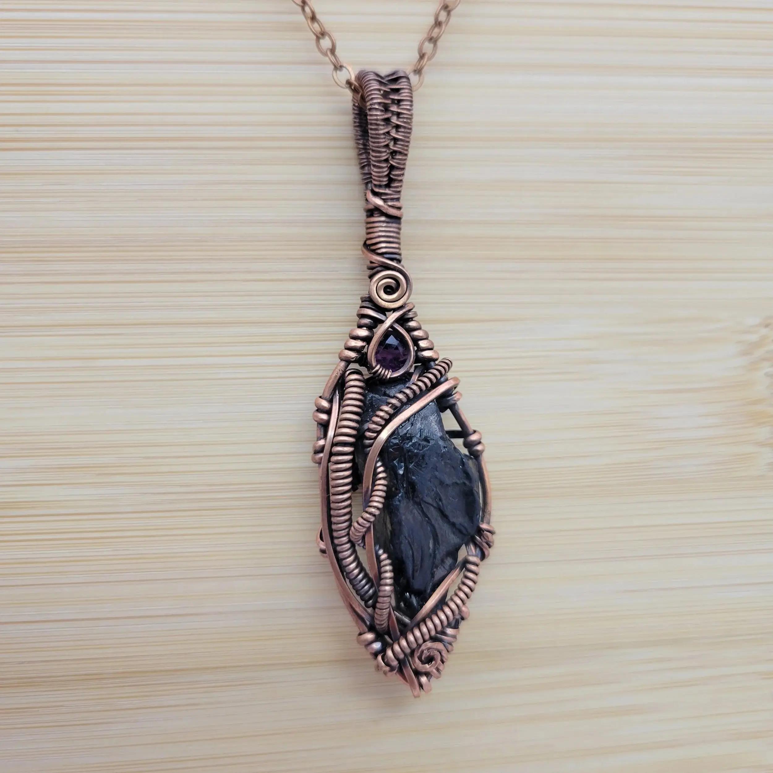 Handcrafted Amethyst and Shungite Copper Pendant Necklace