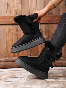 Women's Fashion Leopard Print Faux Fur Lined Snow Boots, Thick Sole, Bow Decor, Mid-Calf Winter Boots, Warm Leather Inner Liner, Winter Boot Shoes