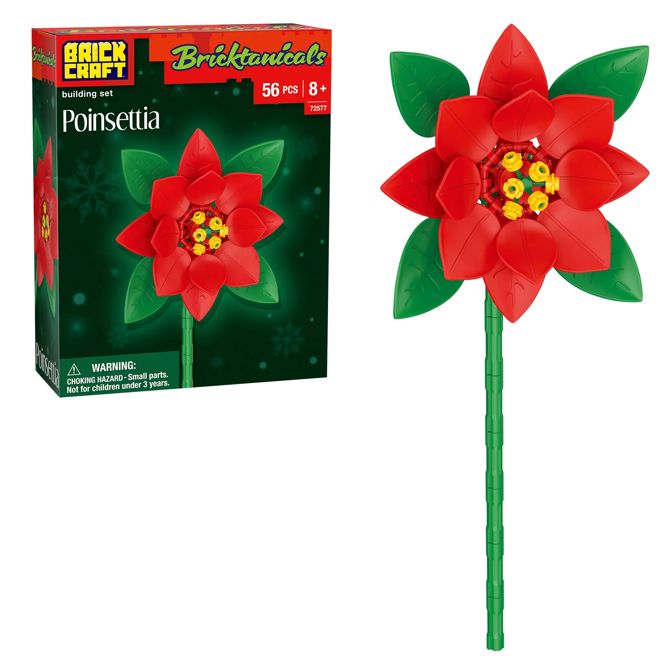 Brickcraft Bricktanicals Poinsettia Building Set, 56-Piece Buildable Red Christmas Flower with Adjustable Leaves for Teens & Adults 8+
