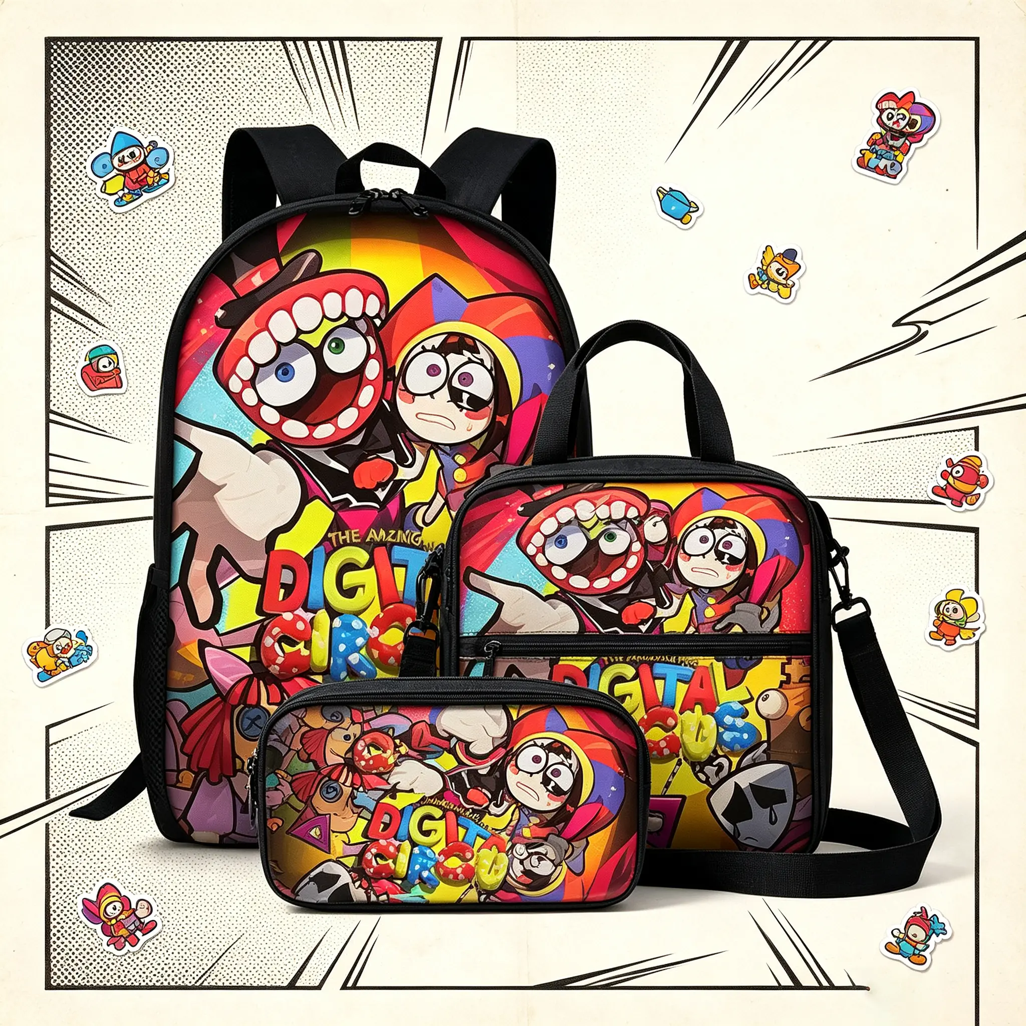 Kids' The Digital Circus 3PCS Backpack Set - Pomni & Jax Cartoon School Backpack, Pencil Case, Insulated Lunch Bag Daily Mochila Combo Kit
