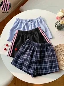 3-Pack Summer Shorts, Loose Fit Breathable Fabric Plaid & Striped Casual Pants, Elastic Waist, Ideal for Daily Wear, Travel, Campus Fashion