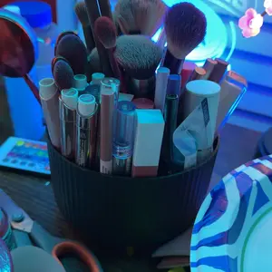 360-Degree Rotating Makeup Organizer Box, 5-Grid Plastic Cosmetic Storage Rack with Luxury Stripe Design, Portable Brush Holder and Beauty Organizer