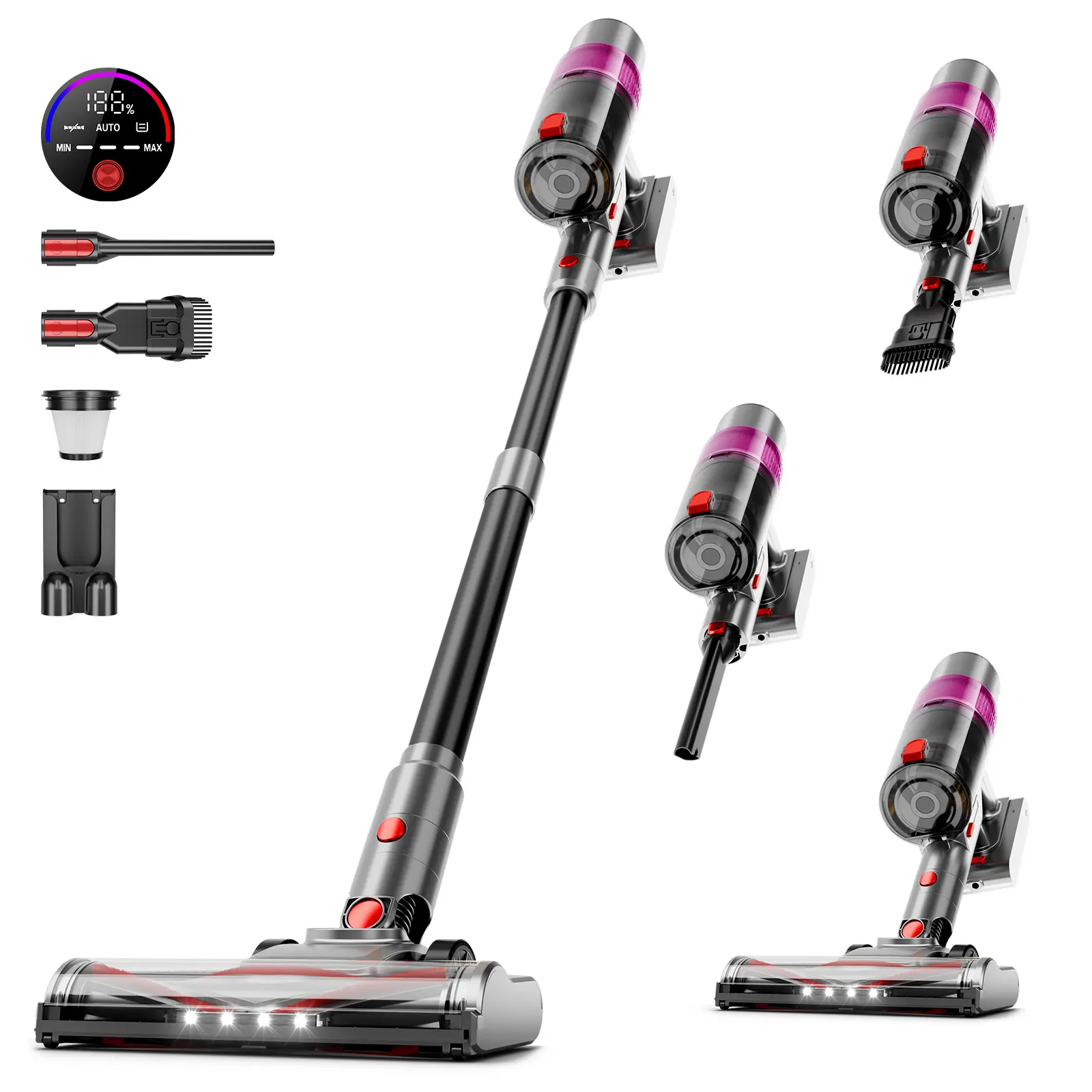 Cordless Vacuum Cleaner - Rechargeable Wireless Floor Cleaner Machine, Self-Standing, Touch Screen, LED Headlights, Multi-Accessories, Upright Home Vacuum for Hard Wood Floors, Pet Hair, Wireless Vacuum Cleaner